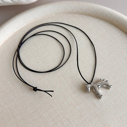 Minar Funny Metallic Cartoon Horse Multi Tassel Beads Pendant Necklaces for Women Female Adjustable Long Wax Rope Chain Chokers
