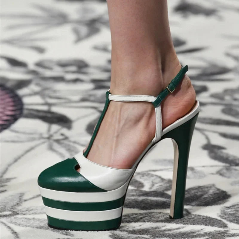 2026 Women's Round Head Sandals Thin Heels 5cm Thick Bottom Slope Heel Fish Mouth Rivet Sandal T-Platform Sandals Size34-43
