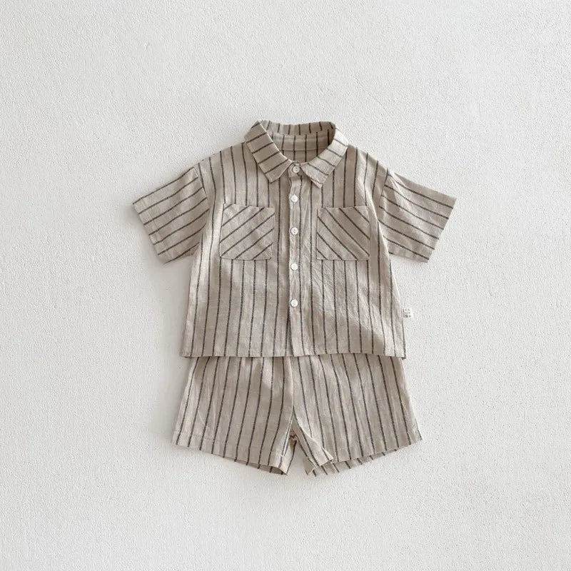 New Summer Korean Style Baby Boys Striped Outfits Cotton Linen Shirts Shorts 2pcs Children Casual Loose Sets