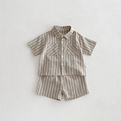 New Summer Korean Style Baby Boys Striped Outfits Cotton Linen Shirts Shorts 2pcs Children Casual Loose Sets