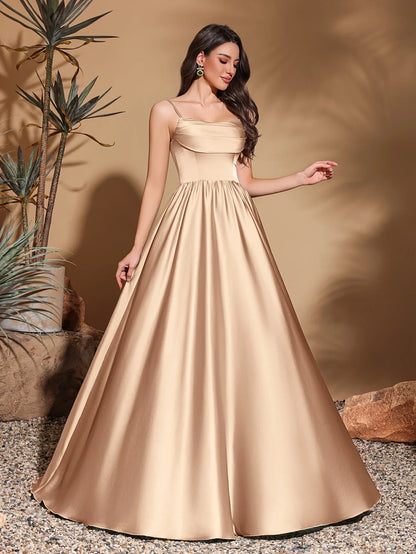 Strapless chest pleated satin high waist floor-length gown, women's long dress, party dress