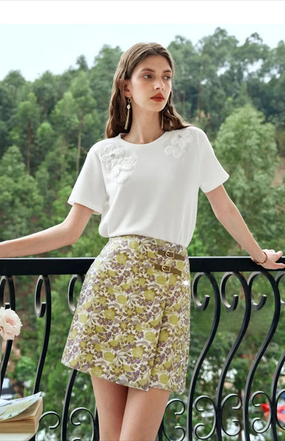Women's Floral Mini Skirts 2026 Summer A-line Jacquard Irregular Chic Leather Buckle Short Skirt O21QB55108