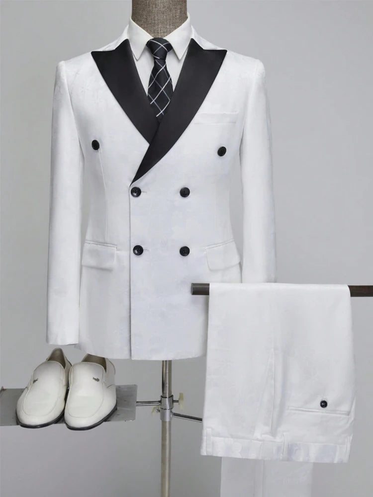 Men's Jacquard 2 Piece Suits Slim Fit Double Breasted Suit Jacket Pants Set Casual Wedding Casual Business