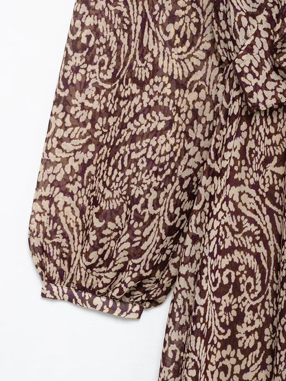 2025 Spring New Product Women's Stacked Decorative Printed V-neck Midi Dress Fashion Retro Pattern Printed Skirt