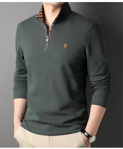 High end 100% cotton brand long sleeve T-shirt men's standing collar autumn fashionable embroidery Paul casual sports polo shirt
