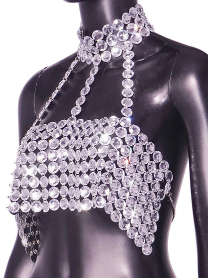 Silver Halter Tank Top Glitter Diamonds Bustier Tops Gorgeous Backless Metal Sequin Crop Top Club Vest Festival Outfits