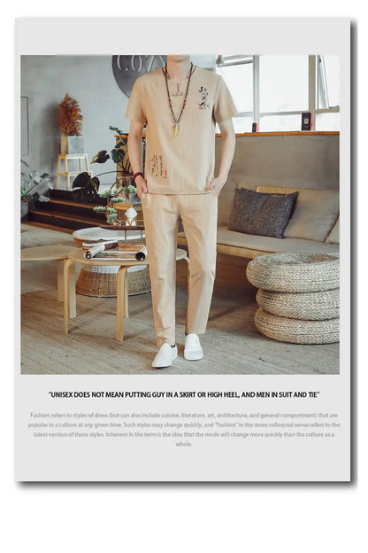 (Shirt + trousers) 2025 summer Chinese Style men shirt Cotton and linen shirts men's High quality casual shirts Two Piece M-5XL