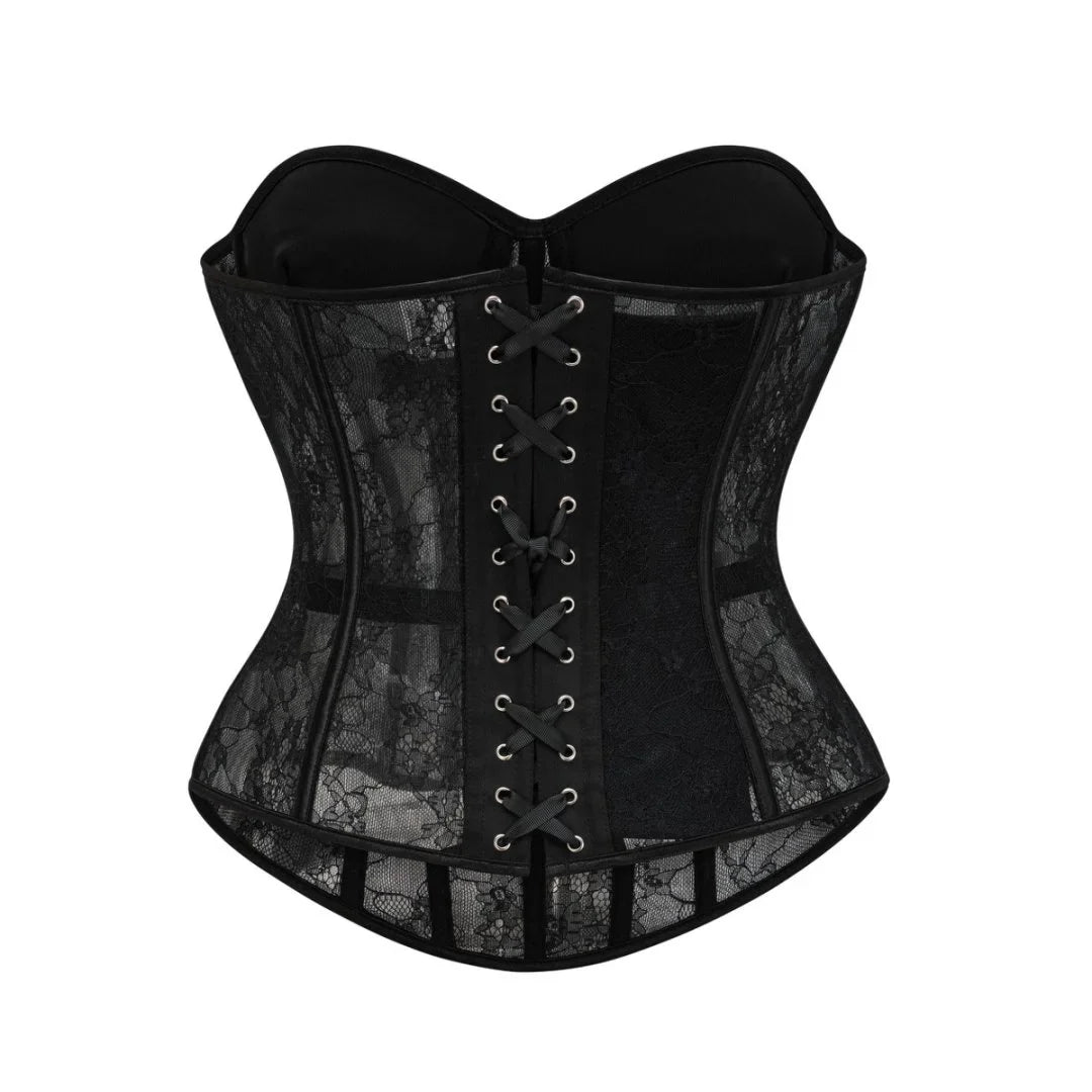 Black See Through Floral Lace Boned Push Up Cup Corset Lingerie Body Shaper Woman Bustier Crop Top Gothic Exotic Corsetto Nero