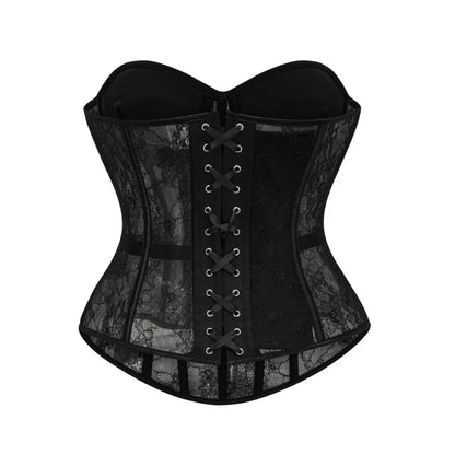 Black See Through Floral Lace Boned Push Up Cup Corset Lingerie Body Shaper Woman Bustier Crop Top Gothic Exotic Corsetto Nero