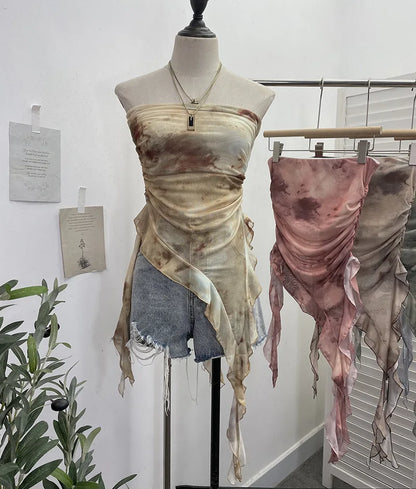 Tie Dye Summer Tops for Women Y2K Strapless Sleeveless Asymmetrical Ruffle Fishtail Ruched Stretch Mesh Vintage Clothes
