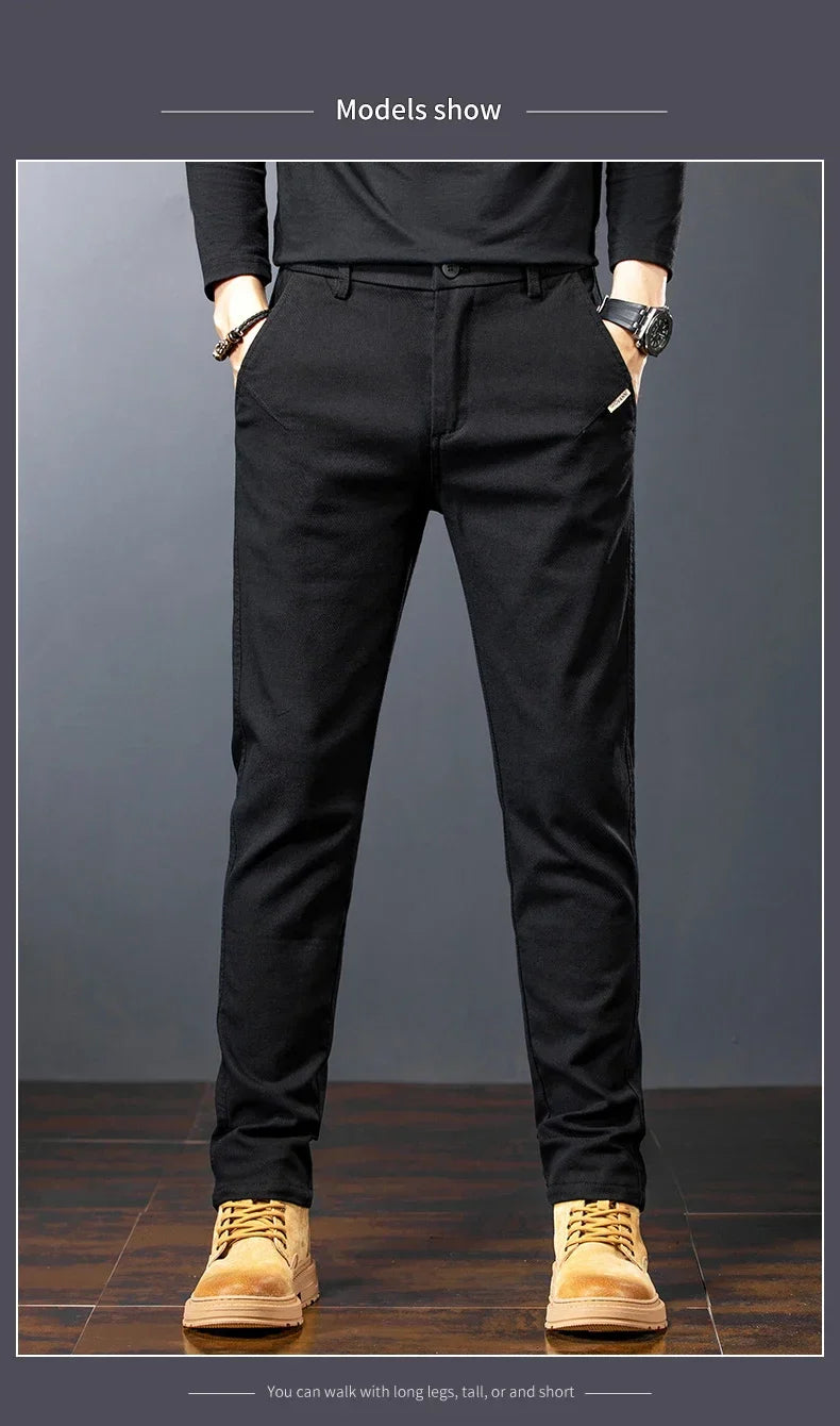 Men's Twill Slim Pants Business Straight Cotton Casual Trousers Brand Fashion Korean Elastic Coffee Black Gray Pant