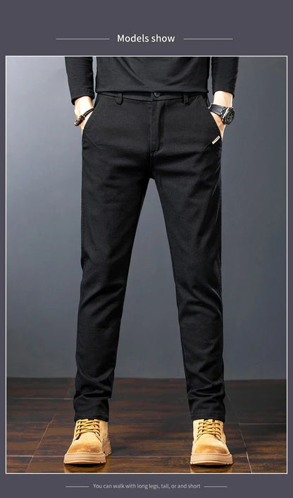 Men's Twill Slim Pants Business Straight Cotton Casual Trousers Brand Fashion Korean Elastic Coffee Black Gray Pant