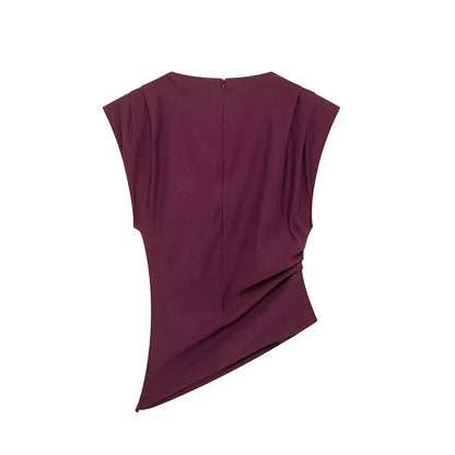 Women Fashion With Pad Solid Pleated Back Zipper Tank Tops Vintage O-Neck Sleeveless Female Chic Lady Tops