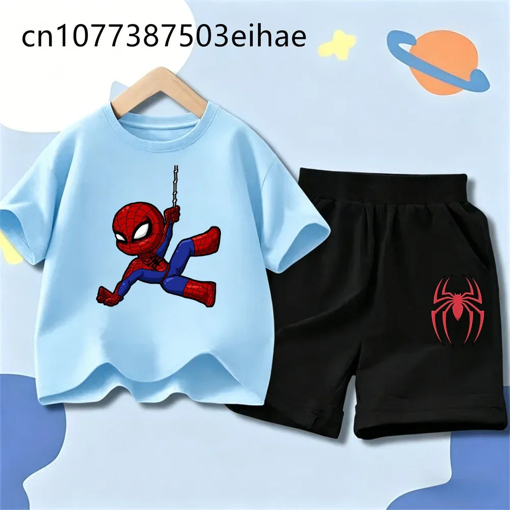 Spider-Man Trendy New Style Children Summer Outfit Cartoon Pattern Short Sleeve Tee Sports Shorts Loose Breathable Wear Gift