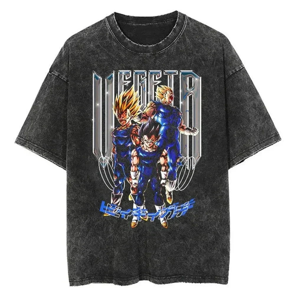 Anime Dragon Ball Z Vegeta Vintage Wash T-Shirt Short Sleeve Loose Sports Fitness T-Shirt Men's Harajuku Clothing Dragon Ball