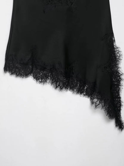 2026 Spring Women Backless Sexy Lace Splicing Halter Neck Top Summer Female Off Shoulder Asymmetrical Satin Camisole