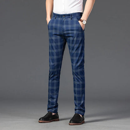 Brand Clothing Mens Casual Pants Fashion Plaid Classic Business Formal Trousers Elastic Straight Social Luxury Suit Pants