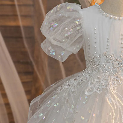 Vestido de Verão Novo com Laço e Bordado de Miçangas para Meninas, Saia Rodada Fofa, Vestido de Aniversário de Tule para Bebê Menina