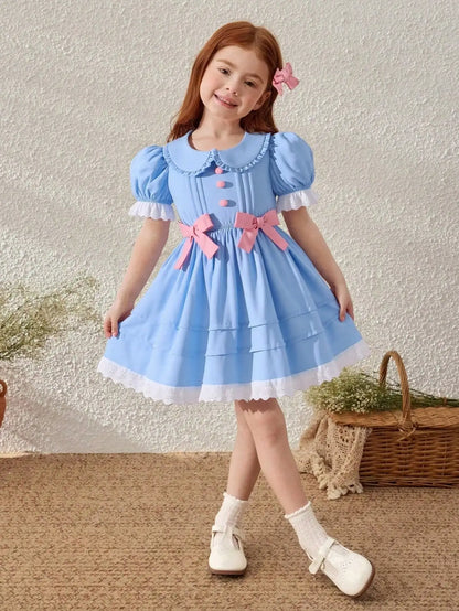 Little Girl's Romantic and Elegant Ladylike Blue Princess-Style Dress, Decorated with Bows, Stylish Puff Sleeves, Suitable for Birthday Parties, Holiday Events, and Photography. Suitable for Little Girls Aged 4-7, for
