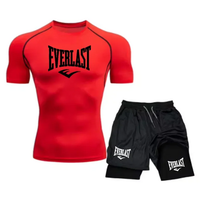 Men's Compress Shirt + 2-in-1 sports shorts 2pcs Set Leisure Breath Short Sleeve Sport Jogging Gym Brand Print Clothing
