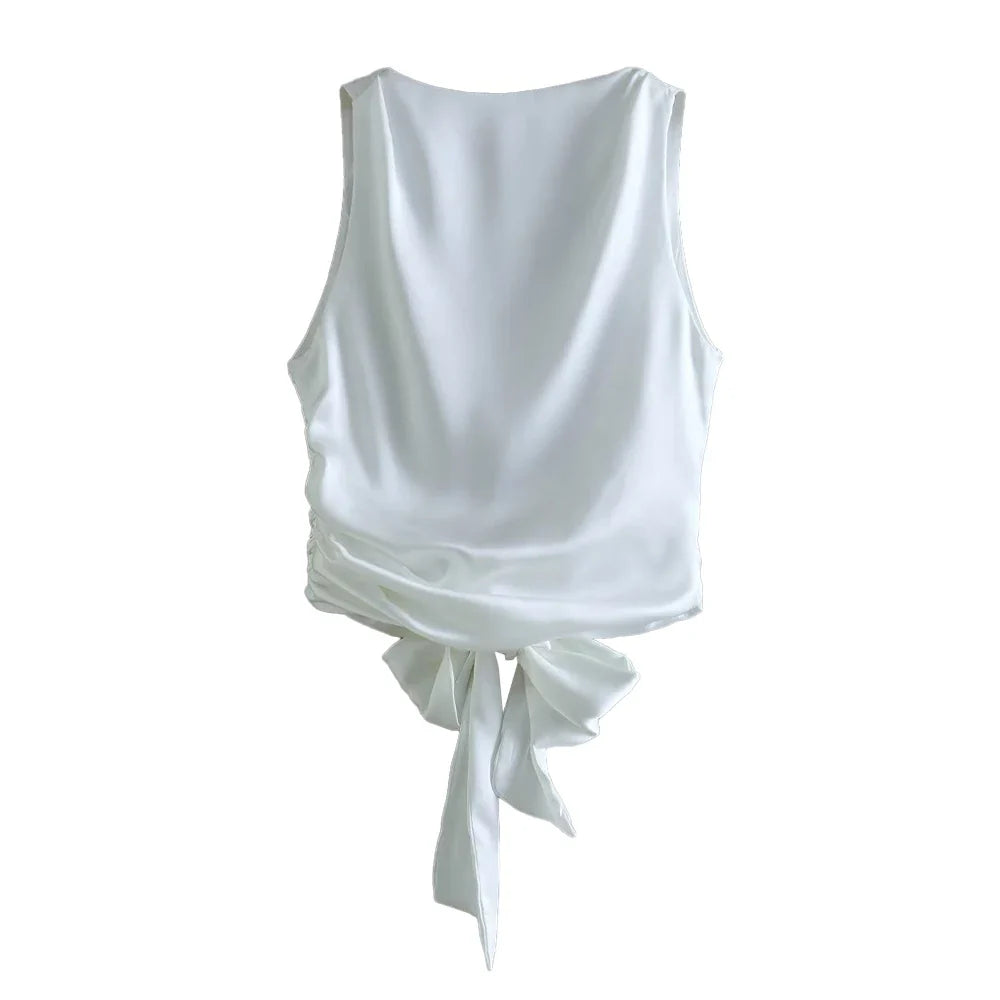 Women Sexy Fashion With Tied Satin Back Open Crop Blouses O Neck Sleeveless Female Shirts Blusas Chic Tops