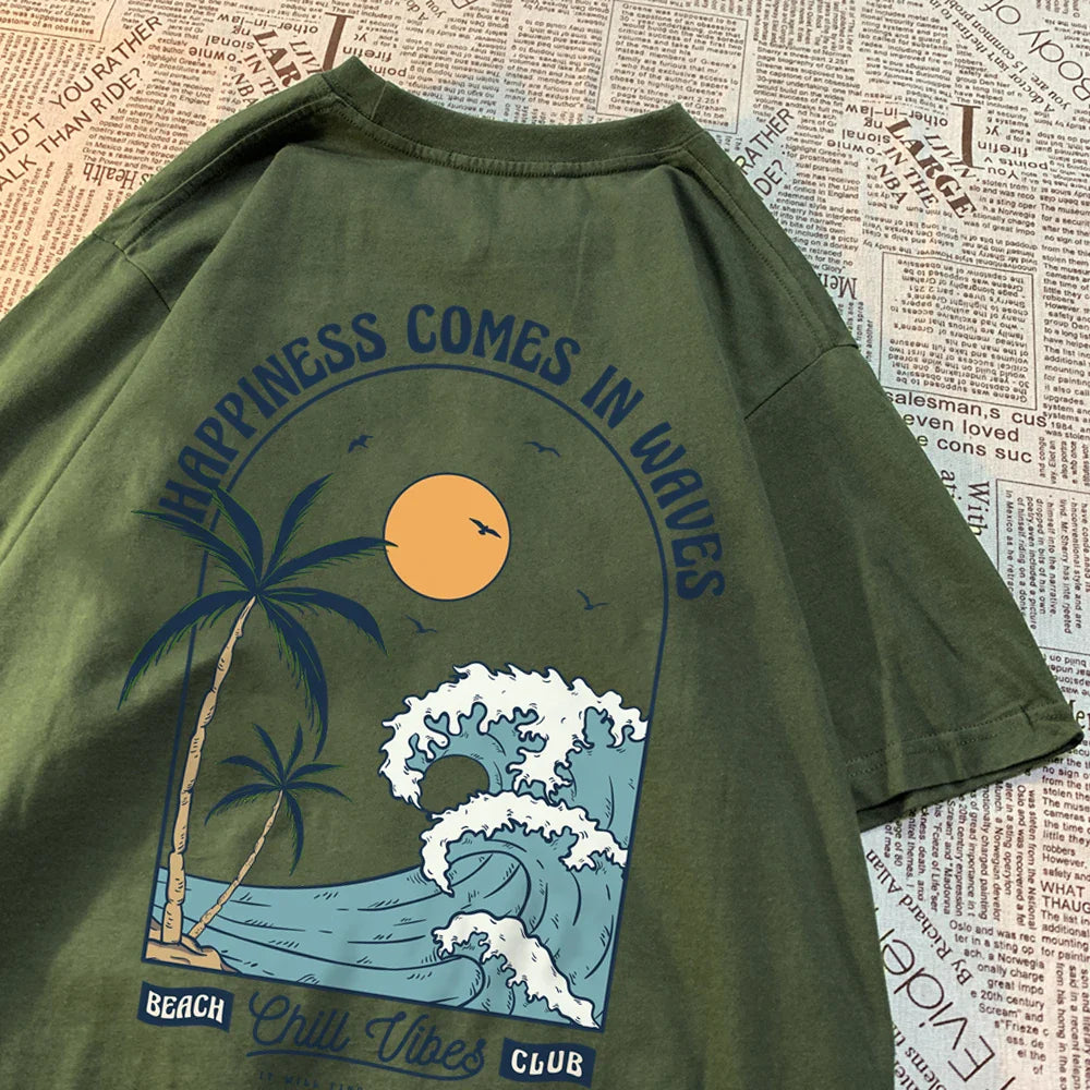 Happiness Comes In Waves Printing Men Women Clothes Fashion Loose Tops Creativity Casual T Shirt Pattern Loose Tshirts Couple