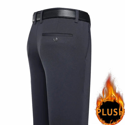 New Winter Plush Pants Mens Stretch Smart Casual Trousers Black Navy Blue Straight Loose Man Big Size Dress Suit Pants
