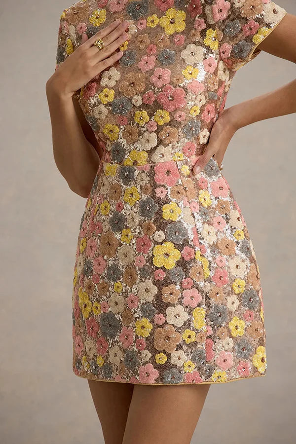 Spring Summer 2025 Women Elegant O Neck Short Sleeve Mini Dress Sequined Patchwork Casual Party Dress Sexy Ladies Slim Dresses