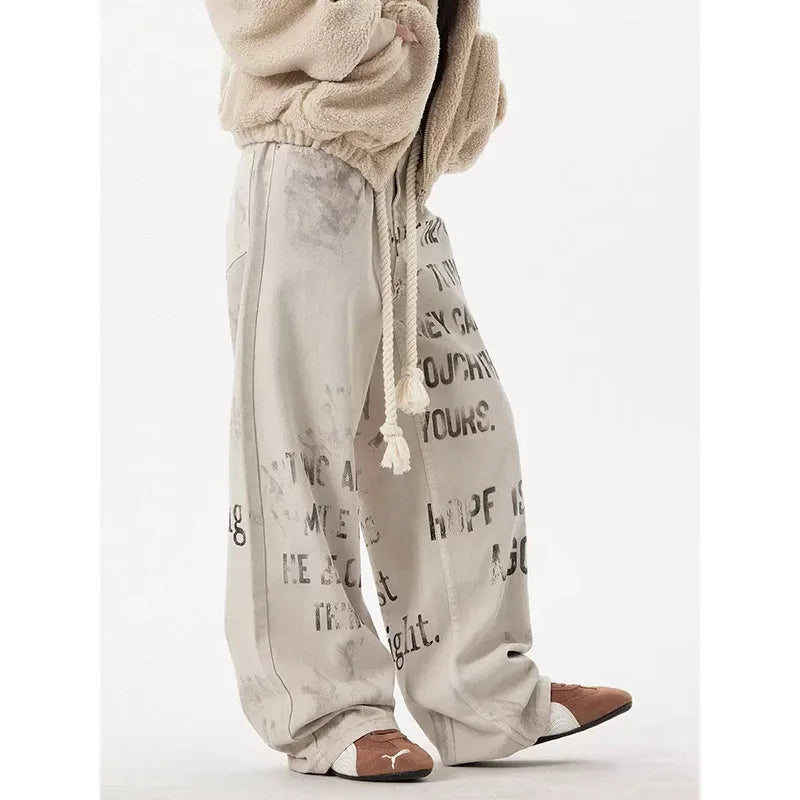 Spring 2025 Graffiti Apricot Jeans Women Y2K Vintage High Waisted Jeans Straight Streetwear Loose Large Wide Leg Denim Pants