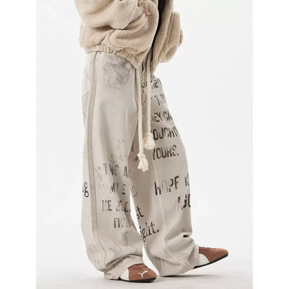 Spring 2025 Graffiti Apricot Jeans Women Y2K Vintage High Waisted Jeans Straight Streetwear Loose Large Wide Leg Denim Pants
