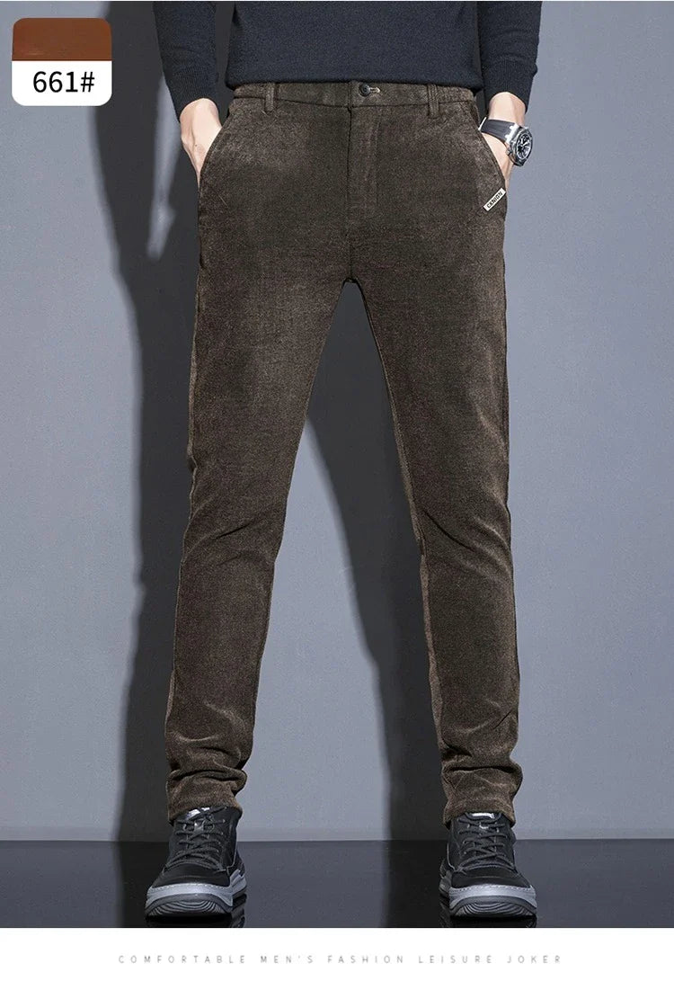Men's Solid Straight Casual Pants Autumn Woolen Slim Fit Office Pants Vintage Elastic Waist Youth Trousers Everyday Wear