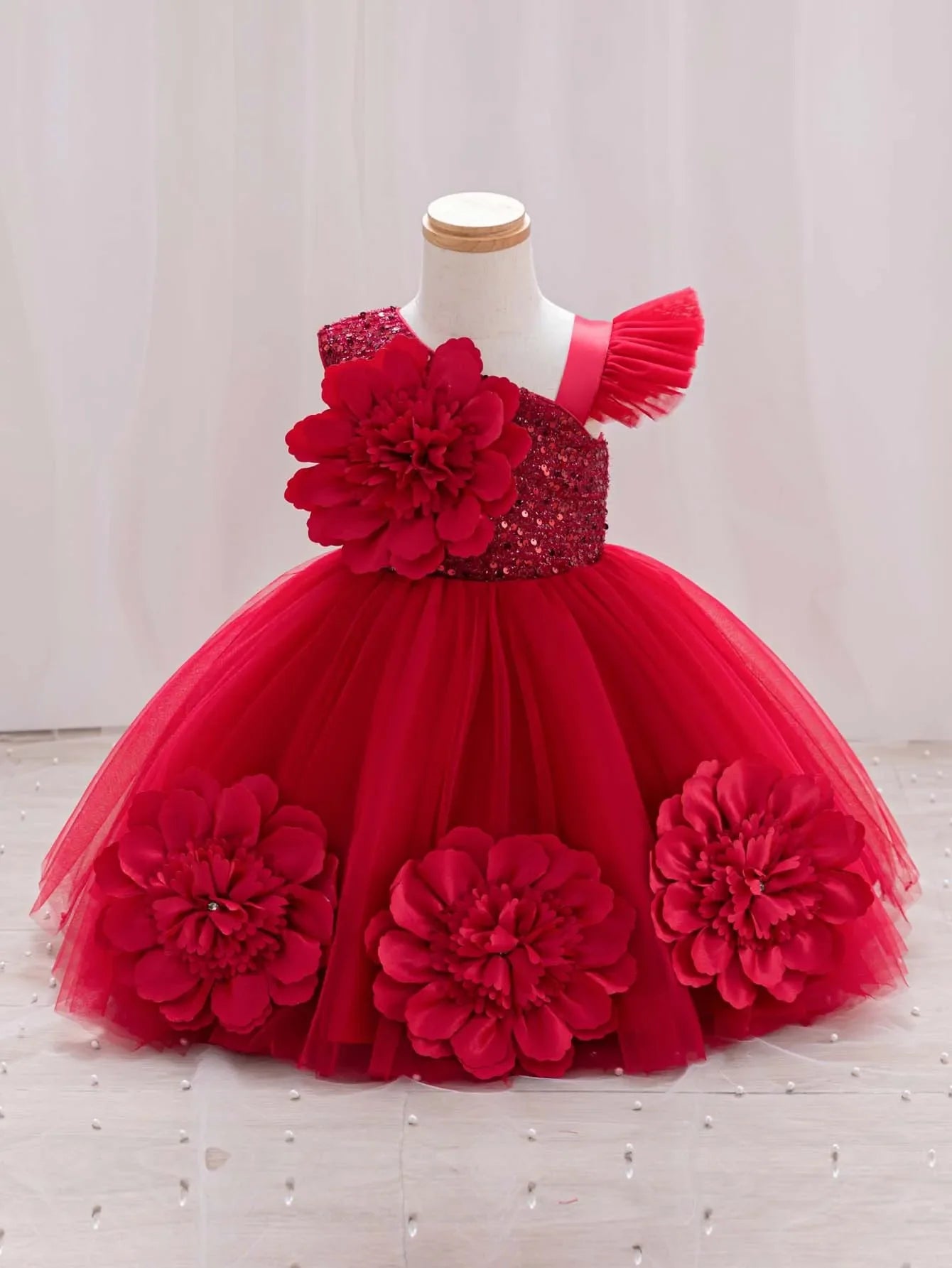 New Red Single Shoulder Sparkling Flying Sleeve Baby's Birthday Party Dress 0-6 Year Old Girl Pageant Dresses for Toddler Girls