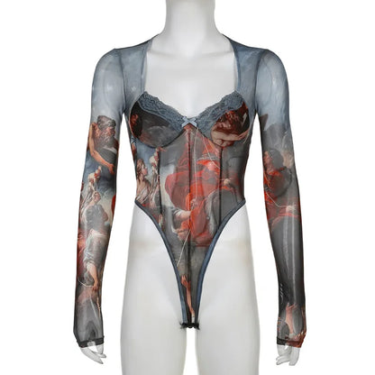 Vintage Print Sexy Bodysuit Lingerie See Through Gauze Lenceria Tranparente Long Sleeve Body Feminino Square Collar Bustier Tops