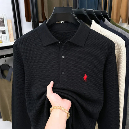 High-end Quality Men's Casual Outdoor Pineapple Pattern Knitted Long-sleeve Polo Shirt (eco-cotton, No Shrinkage No Deformation)