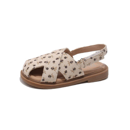 Girls Princess Floral Sandals New Summer Cross Strap Children Beach Shoes Non-Slip Breathable Kids Flat Sandals School Perform