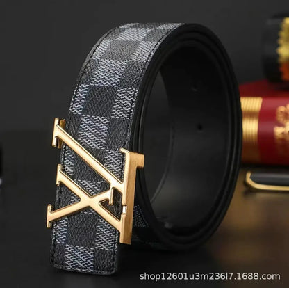 Light Luxury Premium Mens Leather Belt Check Pattern Genuine Pure Cowhide Casual Business Trendy Waist Belt