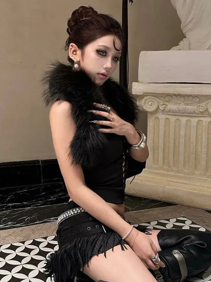 Furry Patchwork Sexy Tank Top Women Y2K Halter Backless Shirring Sleeveless Stretch Coquette Midnight Party Clubwear