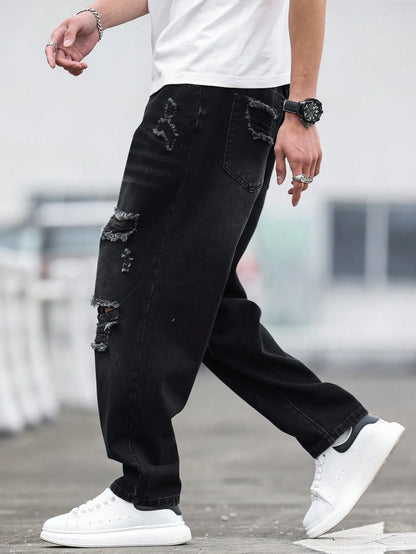 Men's Black Ripped Denim Harem Pants for Spring and Summer, Stylish and Minimalist, a Game - Changer for Lazy Outfits