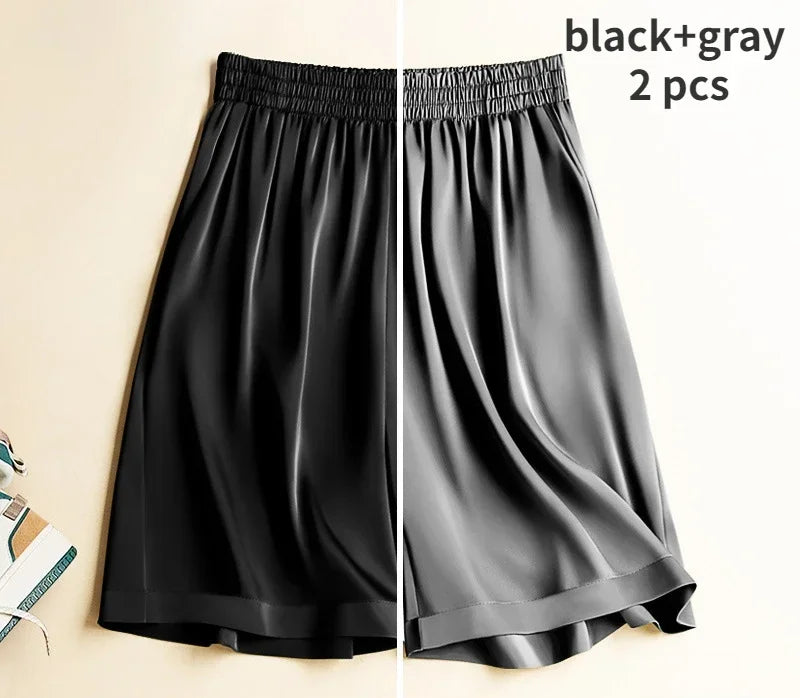 High Waist Ice Silk Acetate Shorts Pants Women's Summer Thin Satin Cropped Pants Casual Loose Plus Size Pajamas Women Shorts