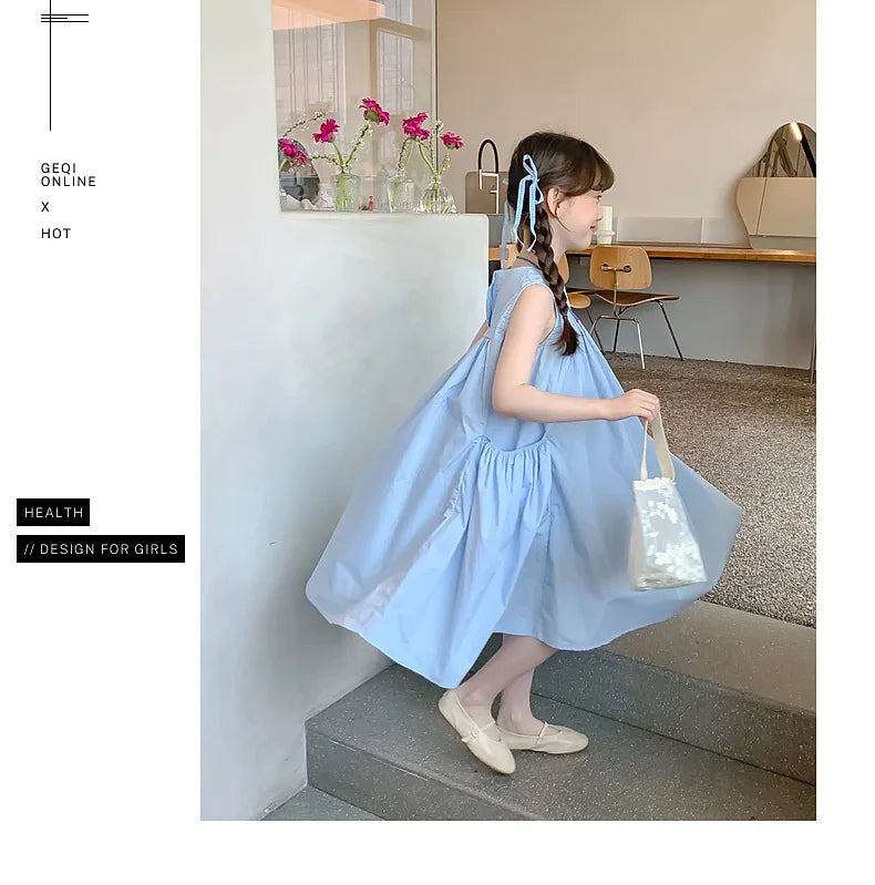 Summer Junior Girl Sleeveless Dress Solid Side Big Pockets Blue Ruched Dress For 2-10Y Girls Casual Round Collar Baby Girl Dress