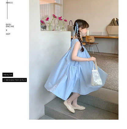 Summer Junior Girl Sleeveless Dress Solid Side Big Pockets Blue Ruched Dress For 2-10Y Girls Casual Round Collar Baby Girl Dress