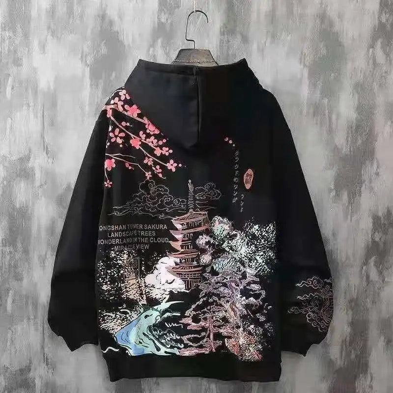 Moletons Pretos com Estampa de Anime Essenciais com Capuz Feminino Estética Coreana Moda Fofa Moletons com Capuz Streetwear para Mulheres