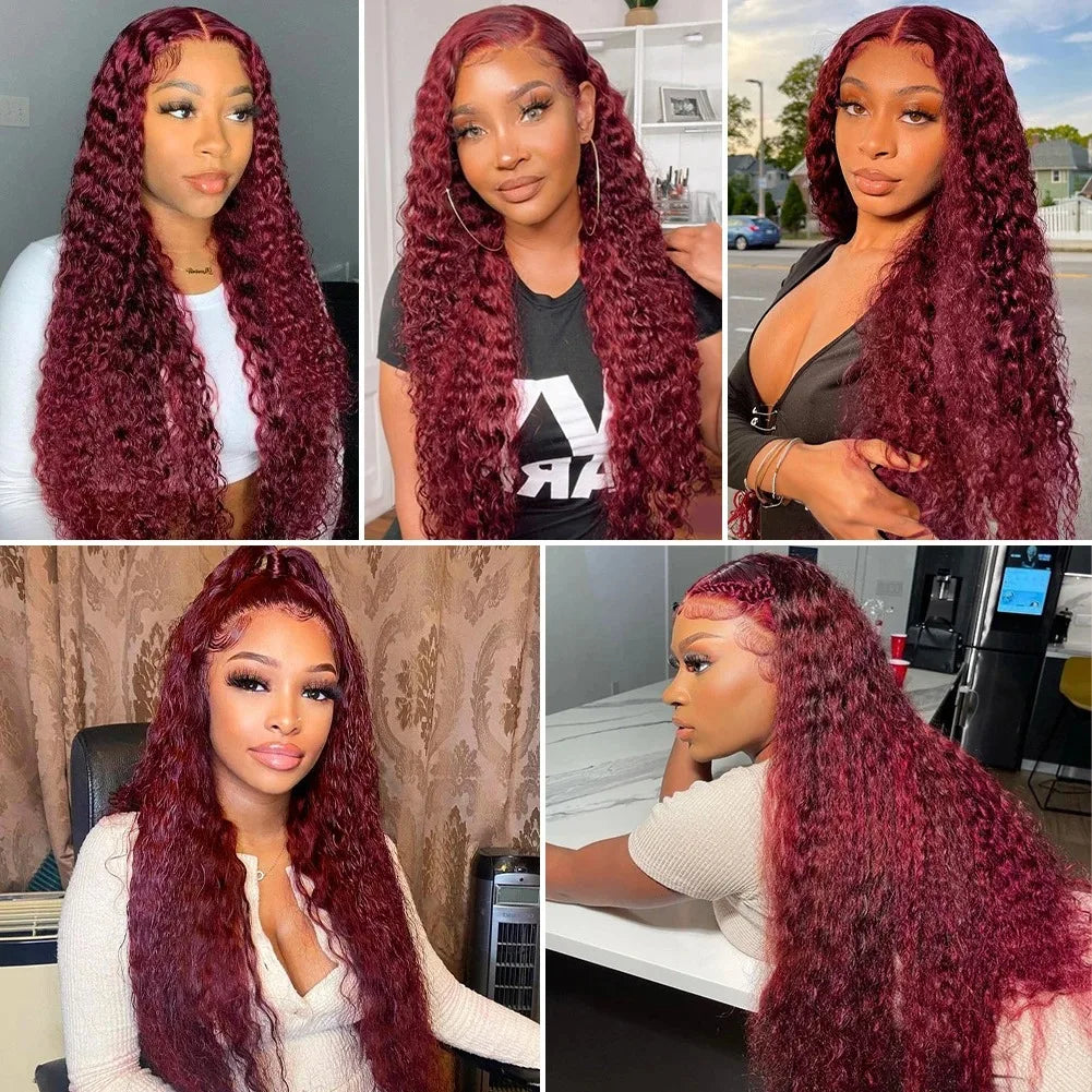 34 Inch Burgundy 13x4 Hd Lace Frontal Human Hair Wig Deep Wave Curly Wigs For Women Water Wave Colored 99j Red Lace Front Wig