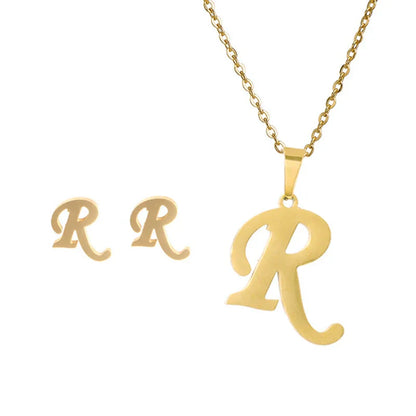 Fashion Stainless Steel A-Z Alphabet Initial Necklace 26 English Letter Earrings Necklace For Women Set Personalize Jewelry Gift