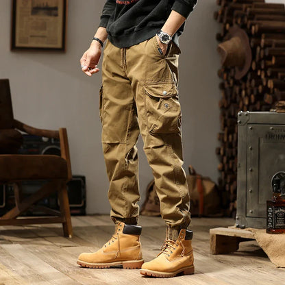 Brand Clothing 2026 Spring Summer Men's Baggy Cargo Pants Multi-Pocket Work Joggers Casual Cotton Tapered Trousers Long Pants