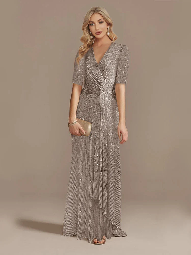 Luxury Floor Length V-Neck Evening Dress 2025 Women Elegant Party Maxi Dress Sequin Short Sleeves Prom Cocktail Gowns