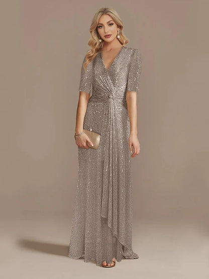 Luxury Floor Length V-Neck Evening Dress 2025 Women Elegant Party Maxi Dress Sequin Short Sleeves Prom Cocktail Gowns