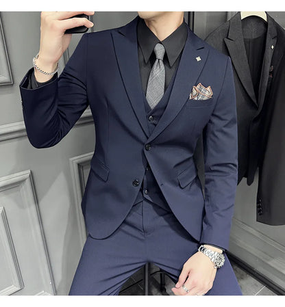 Slim Fit Men's Three Piece Suit Thin Single Button Notch Lapel Casual Fashion Cotton Blend Spring Autumn Wear for Youth