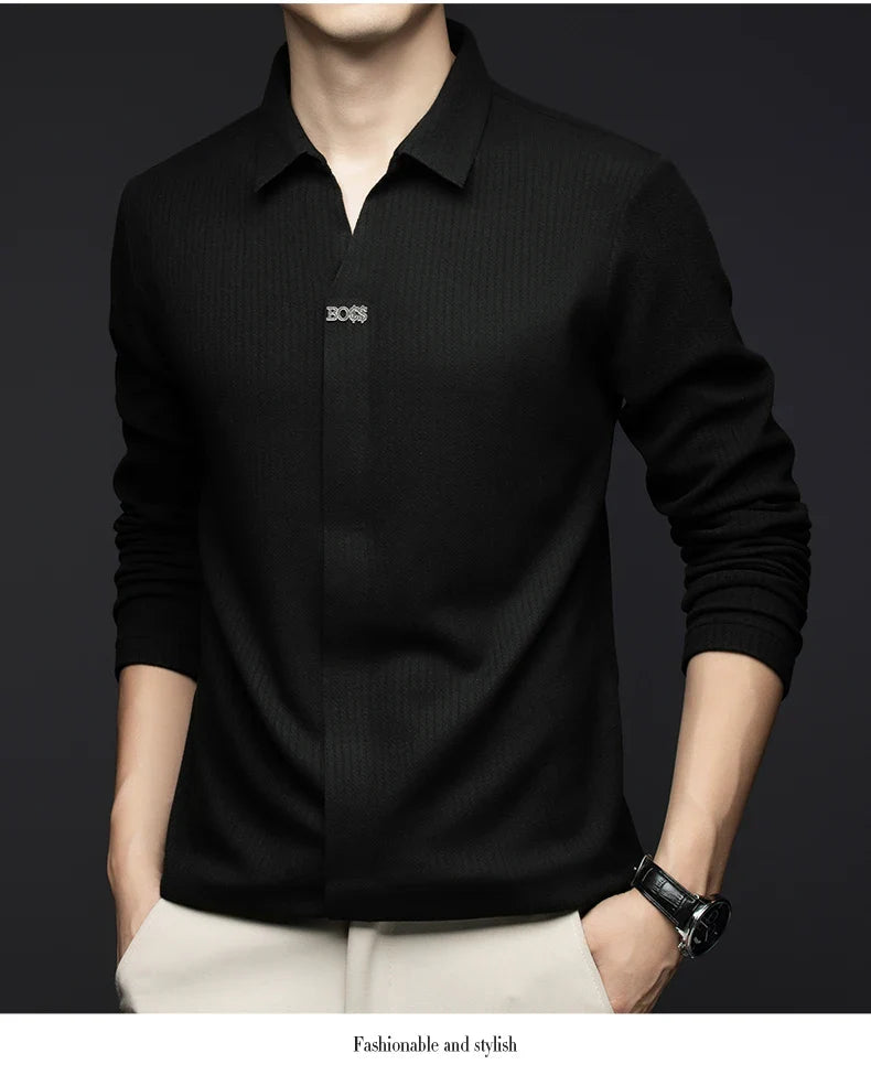 Men's Business Casual Solid Color Stretch V-neck POLO Shirt Daily Commute Striped Sweater for Fall 2024.