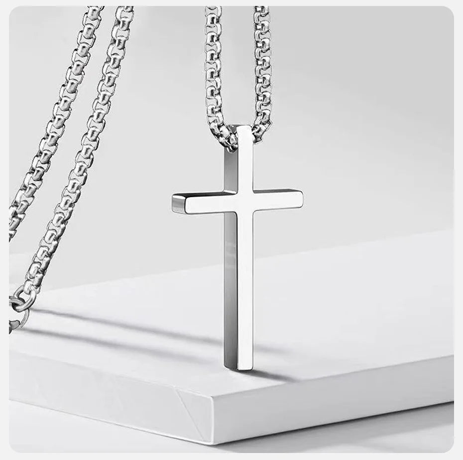 Cross Necklace for Men Women, Silver Color Plain Cross Pendant Collar with Stainless Steel Box Chain